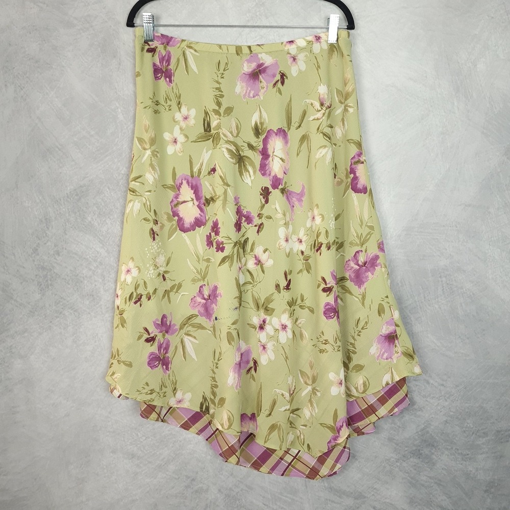 Vntg Y2K Skirt Womens 12 Green Floral Chiffon Midi Asym Hem Flutter Whimsy Fairy - Picture 1 of 16